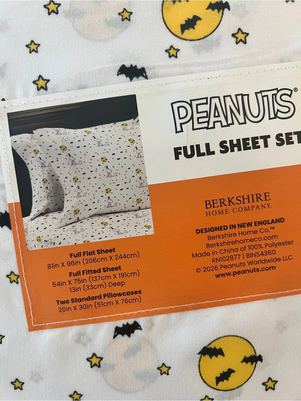 Peanuts White Sheet Set with Yellow & Black Moon and Bat Print
